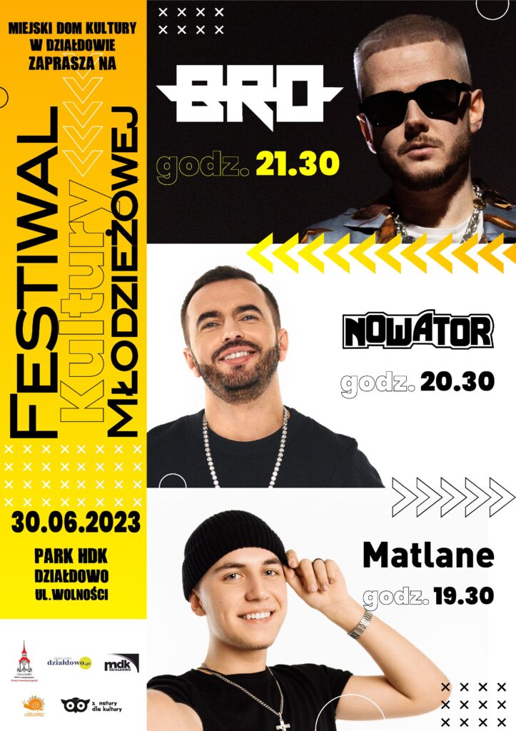 plakat zapraszający na Młodzieżowy Festiwal Kultury w Działdowie, treść i zdjęcia muzyków