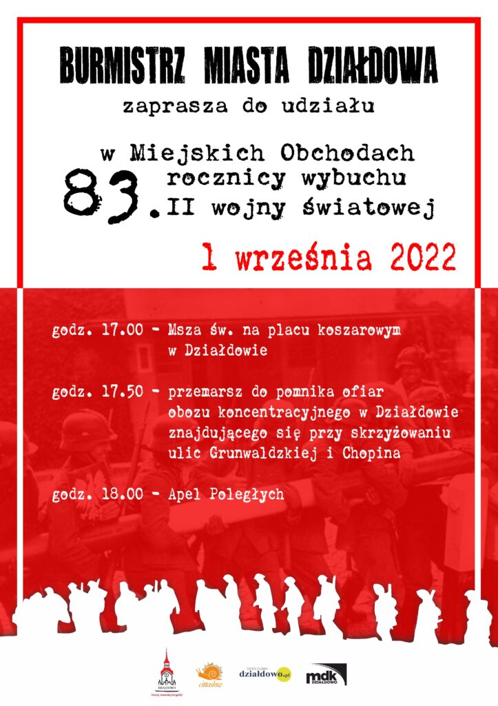 plakat informujący o wydarzeniu - obchodach 83 rocznicy wybuchu II wojny światowej