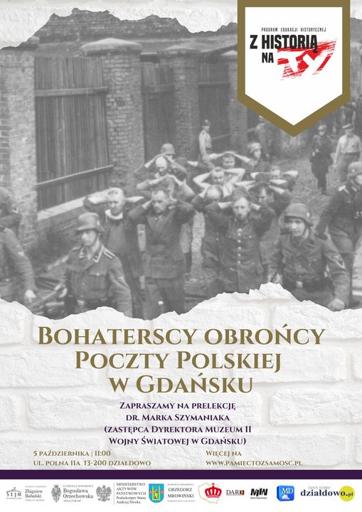 plakat zapraszający na prelekcję „Bohaterscy obrońcy Poczty Polskiej w Gdańsku”