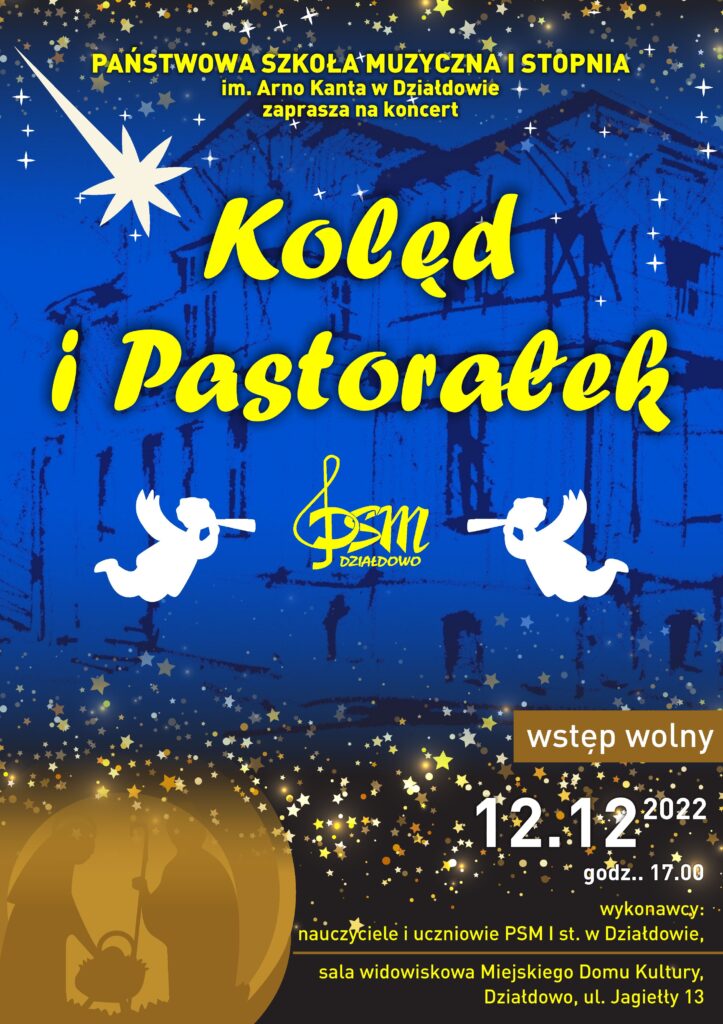 plakat informujący koncercie kolęd i pastorałek organizowanym przez Szkołę Muzyczną w Działdowie