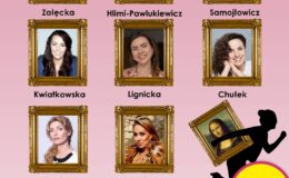 plakat zapraszający na spektakl „Babski przekręt”, widać 8 zdjęć występujących aktorek, tytuł, miejsce, cenę biletów na spektakl