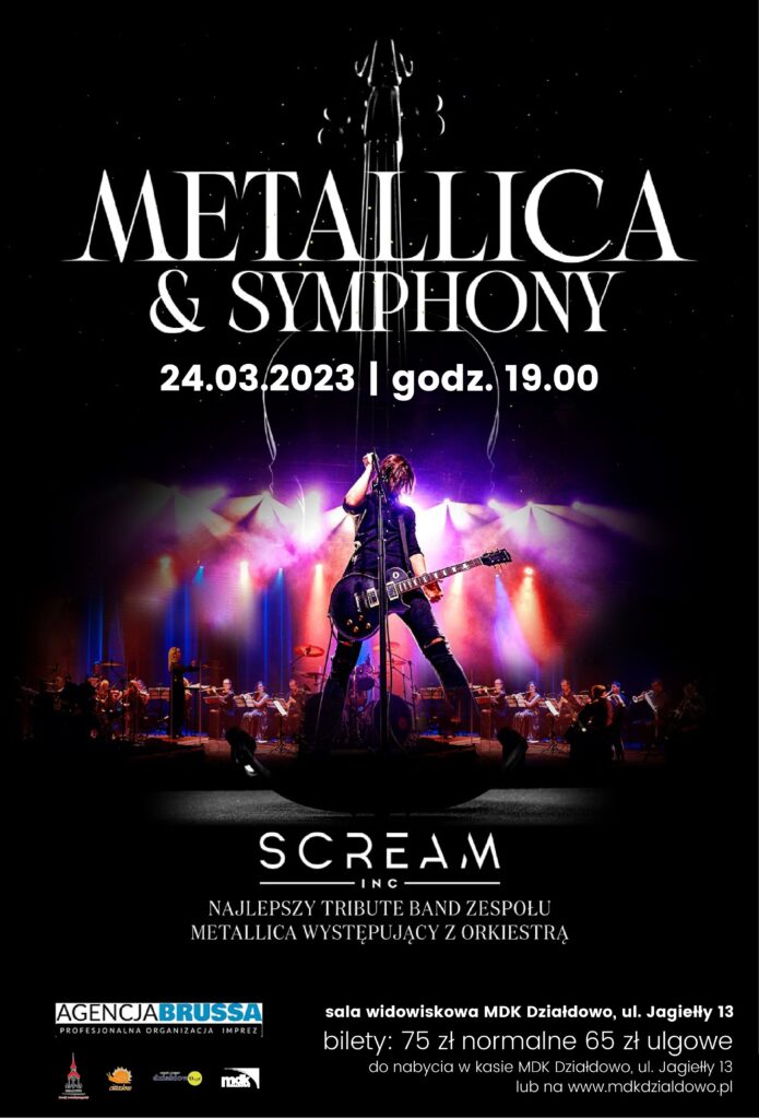 plakat, promujący koncert zespołu Scream Metalliica&Symphony, na zdjęciu widać wokalistę z gitarą i napisy informujące o koncercie