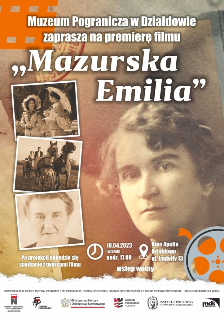 plakat informujący o premierze filmu „Mazurska Emilia” w kinie Apollo w Działdowie