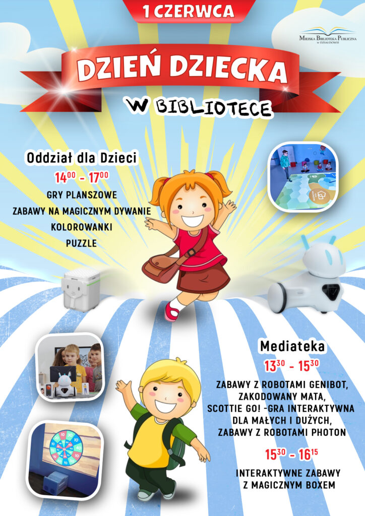 plakat zapraszający na Dzień Dziecka w bibliotece