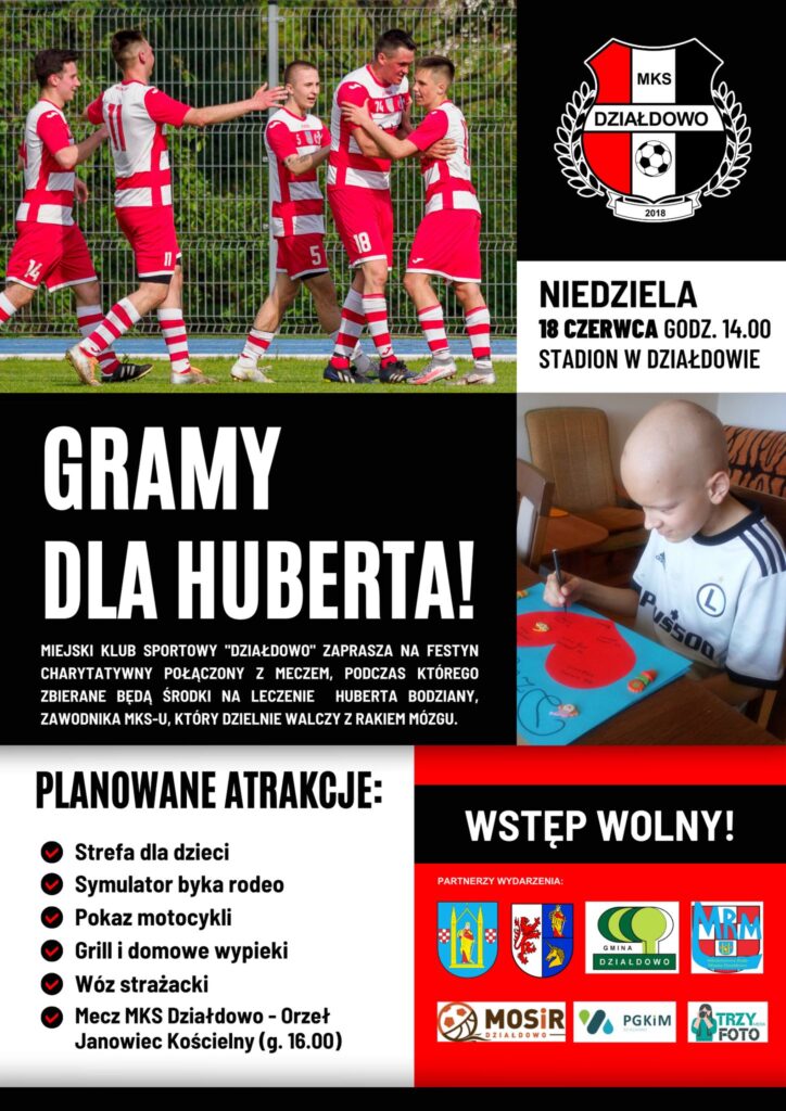 plakat informujący o festyn charytatywny, który odbędzie się 18 czerwca, godz. 14.00. Na plakacie znajduje się treść, zdjęcia, loga