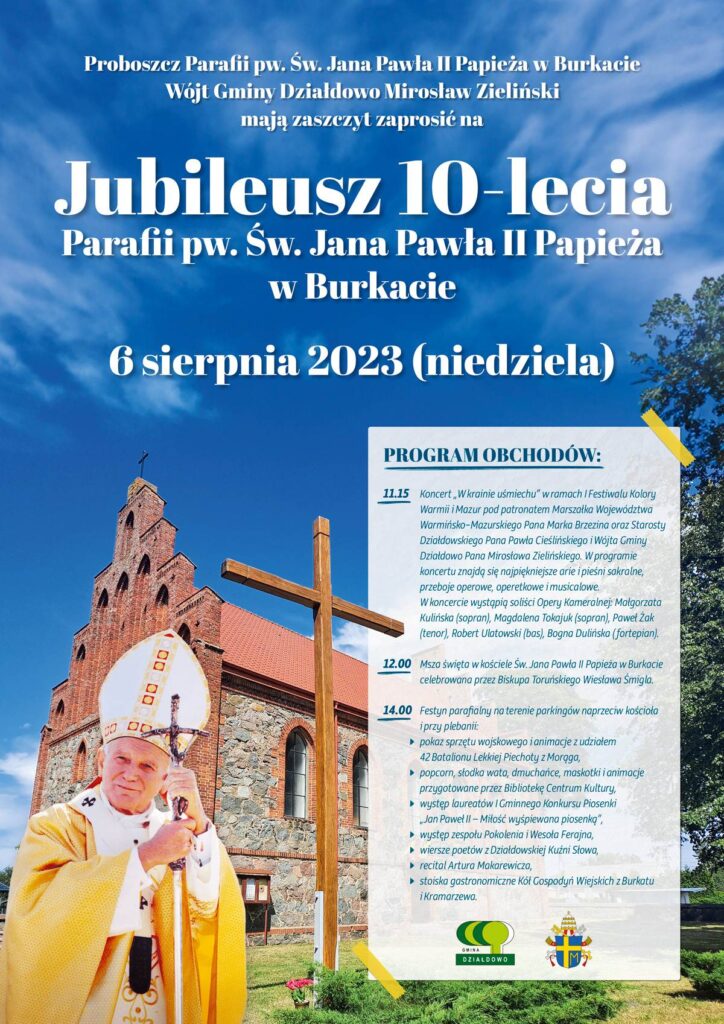 plakat informujący o jubileuszu parafii w Burkacie