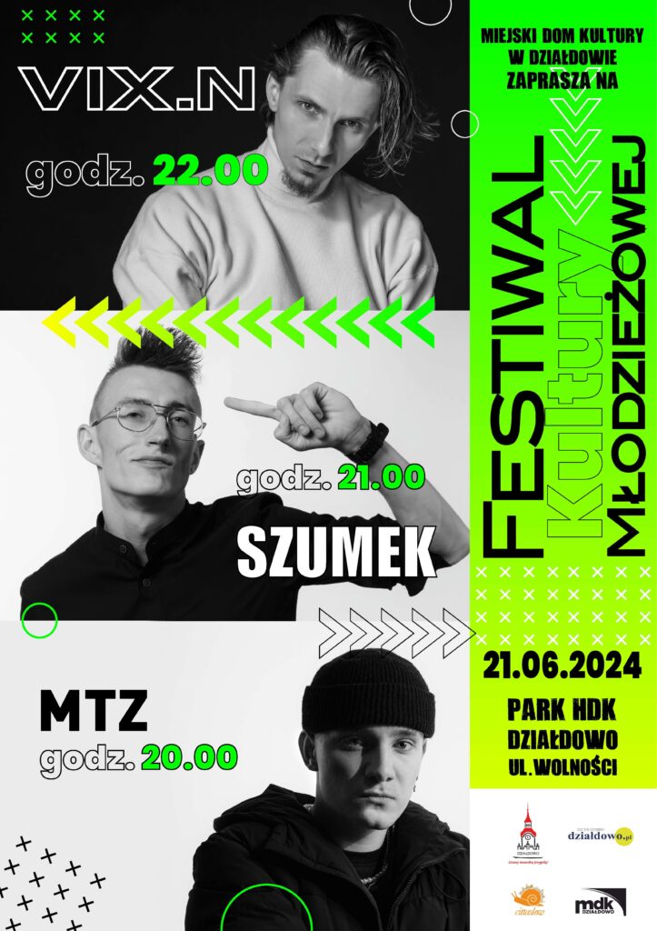 plakat zapraszający na Młodzieżowy Festiwal Kultury w Działdowie, treść i zdjęcia muzyków