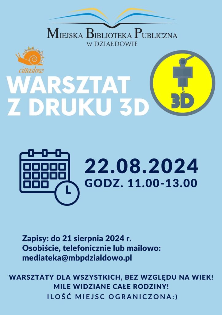 plakat informujący o warsztatach z druku 3D w działdowskiej bibliotece