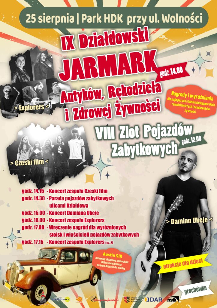 plakat informujący o Jarmarku Antyków, Rękodzieła i Zdrowej Żywności oraz Zlocie Pojazdów Zabytkowych w Działdowie