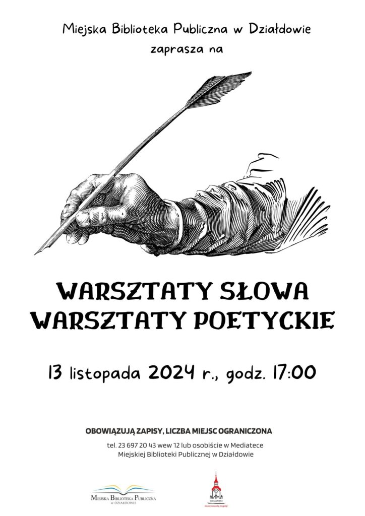 plakat informujący o wydarzeniu - warsztatach poetycko-lingwistyczne w bibliotece