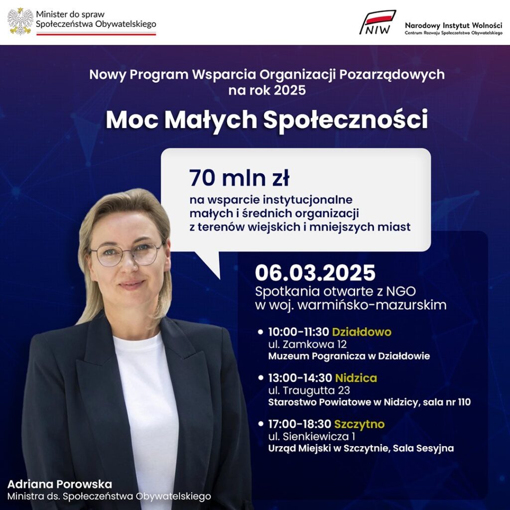 grafika informująca o spotkaniu z z Ministrą Adrianną Porowską: Nowe wsparcie dla organizacji pozarządowych!