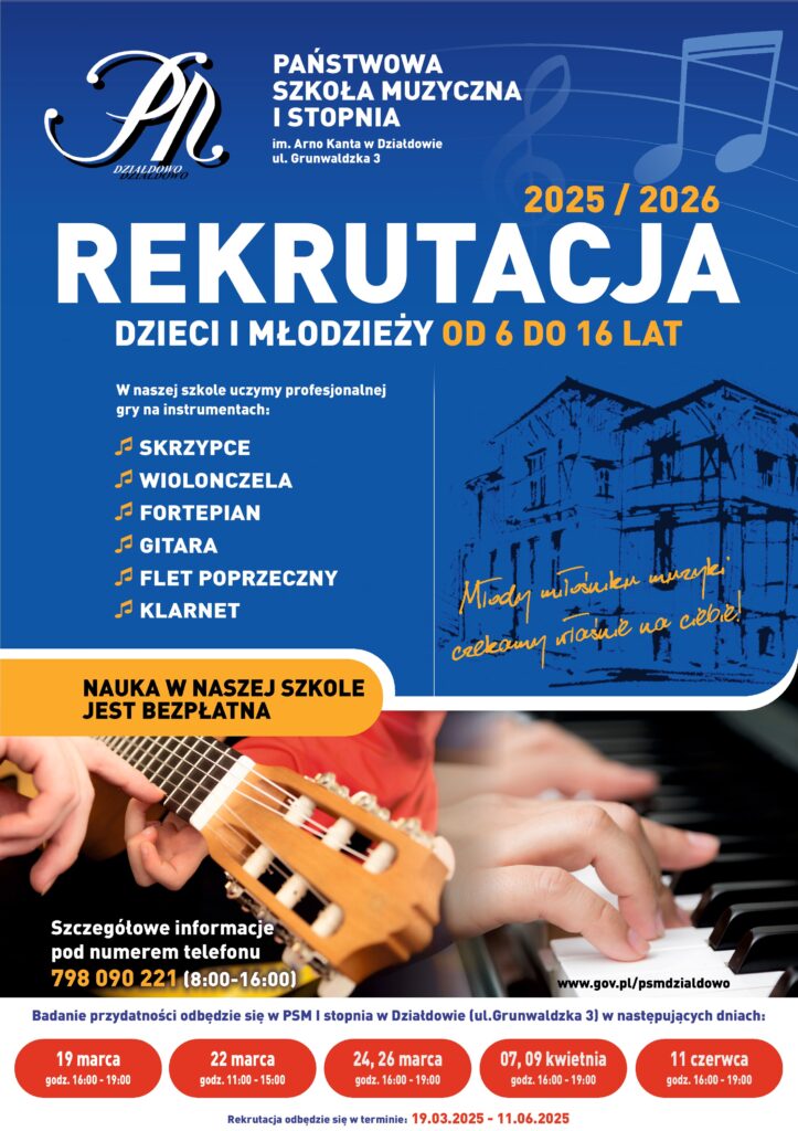 plakat informujący o rekrutacji do Szkoły Muzycznej w Działdowie